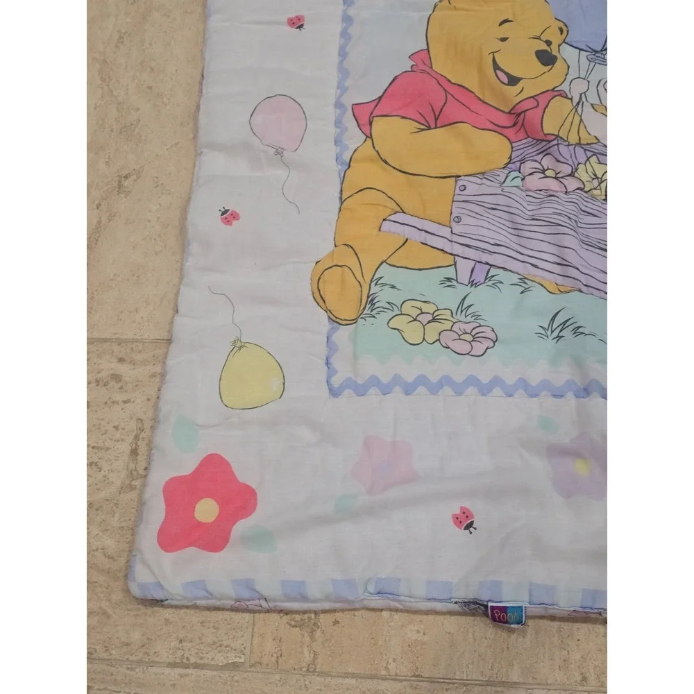 Vintage Winnie the Pooh Crib Comforter Piglet Wheelbarrow Wagon Reversible Rare